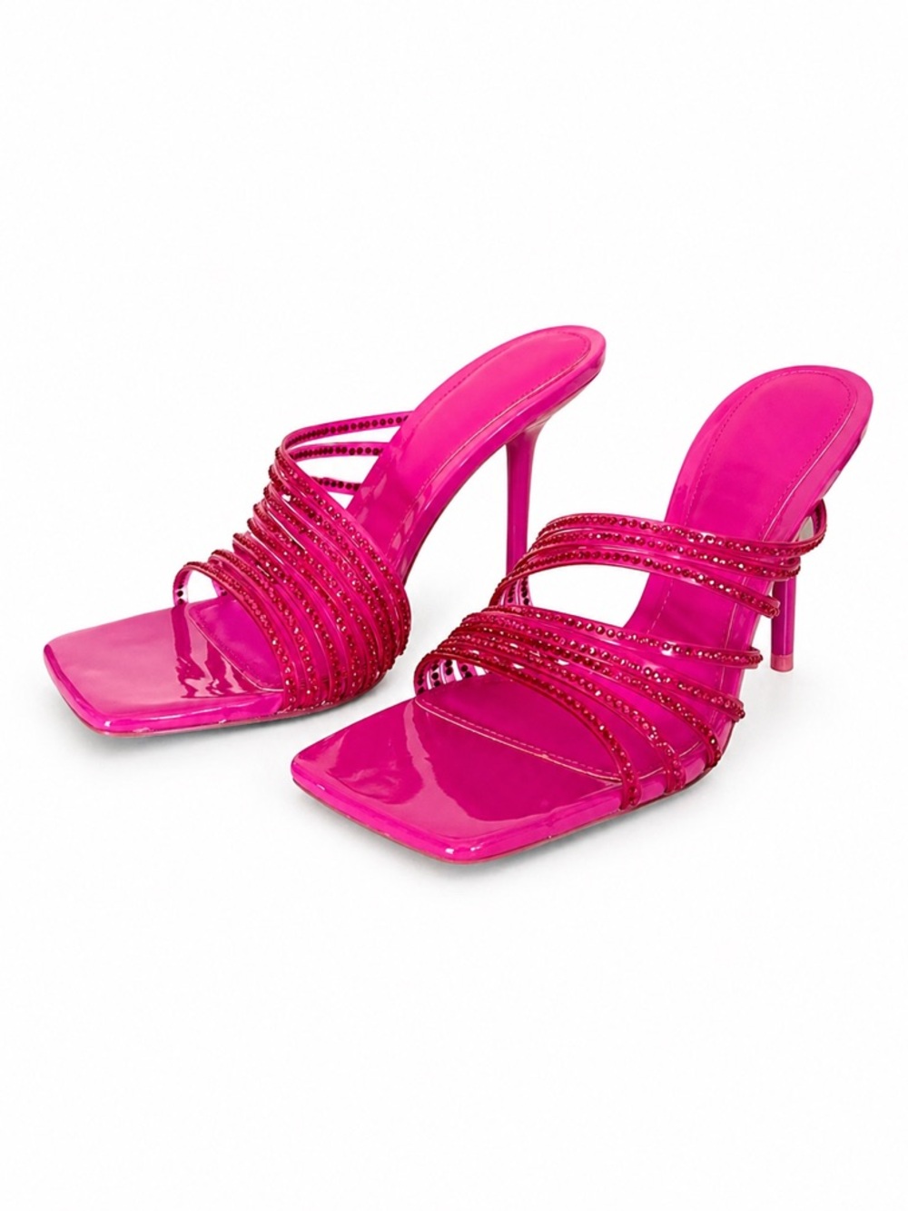 Zara Hot Pink Rhinestone Strap Heels Square Toe Mule